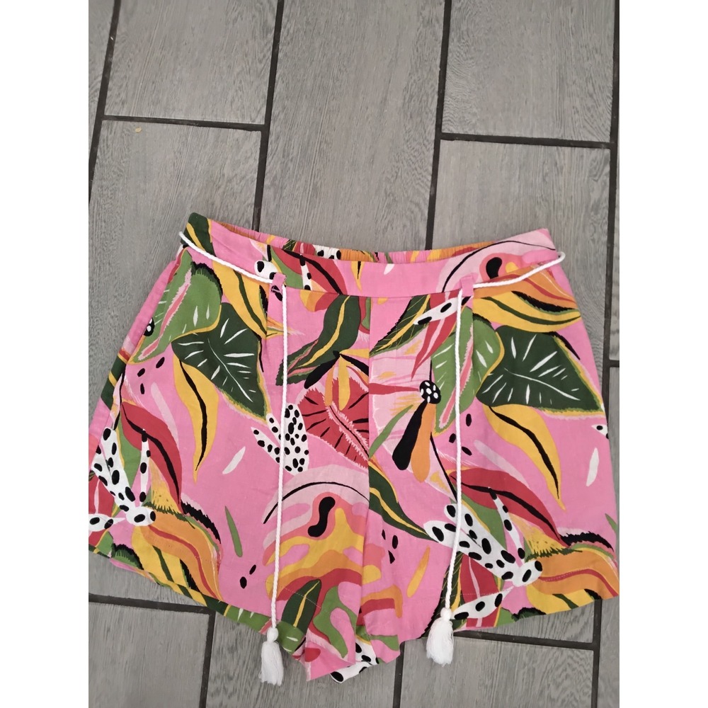 Marc New York Tropical Print Linen Blend Shorts Pink Floral Tassel Size M